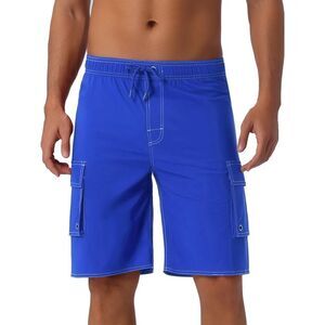 Drawstring Waist Solid Color Side Pockets Lining Summer Board Shorts Blue